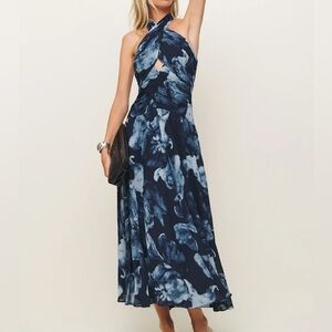 REFORMATION Cari Dress in Midnight Rose Halter Midi NWT 10